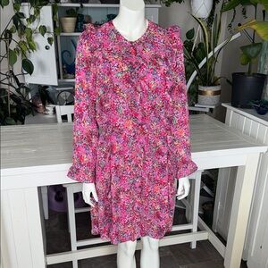 GAP Bright Pink Multicolor confetti ruffle Floral midi shirt dress M-tall